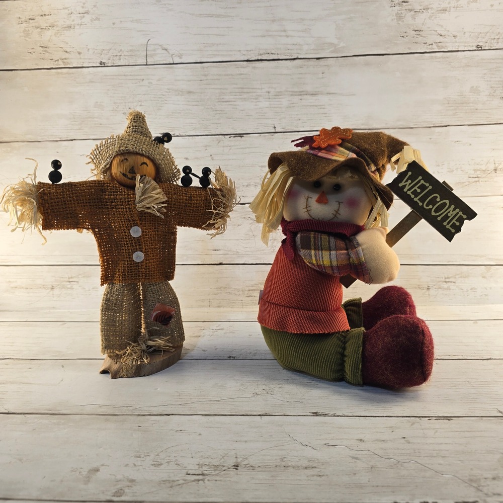 Fall Scarecrow Decor Set Burlap Pumpkin Head & Plush Welcome Sign Figurines